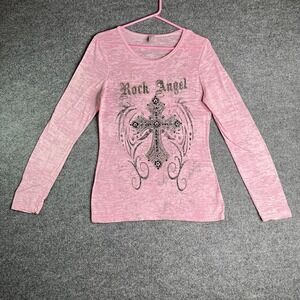 Rock Angel Pink Burnout Long Sleeve Top Rhinestone Cross Graphic Y2K Grunge L